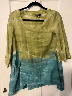 Citron Green Blue Watercolor Ocean Ombre Silky Top Swing Artsy Boho Hippie Beach